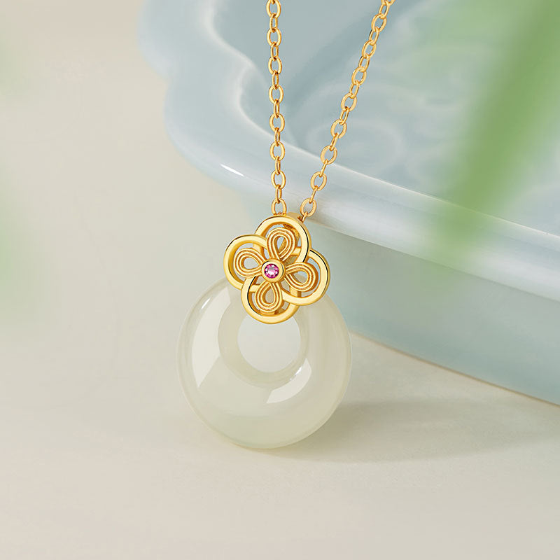 Lucky Clover Sterling Silver 925 Necklace Women's New Chinese National Fashion Hetian Jade Flower Clavicle Chain Safety Buckle Pendant