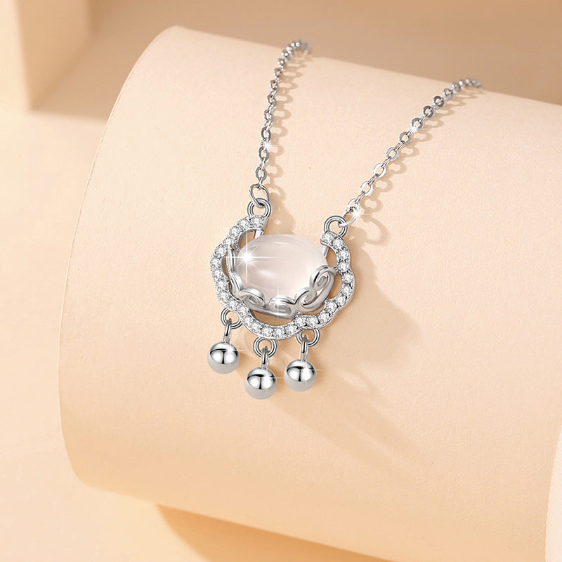 Chalcedony Safety Lock Sterling Silver 925 Necklace Women's National Fashion Ethnic Style Zircon Clavicle Chain Goods Ins Style Auspicious Cloud Pendant
