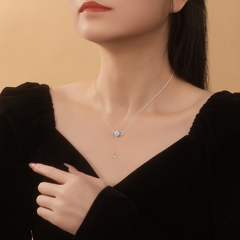 New Angel Wings S925 Sterling Silver Necklace Female UV Color-Changing Heart Stone Clavicle Chain Sweet Girl All-Match Jewelry