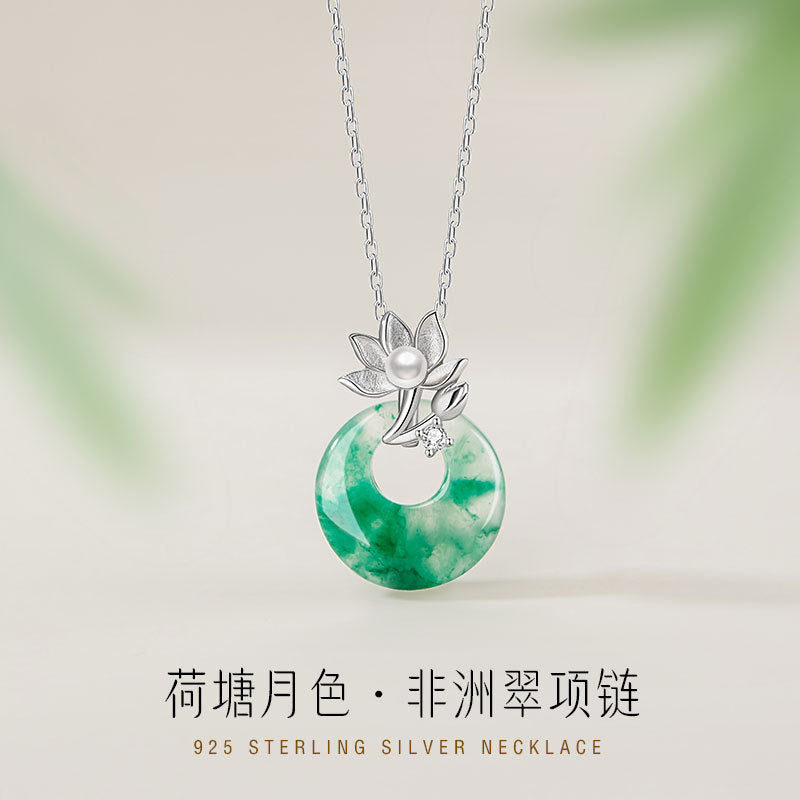 Lotus Pond Moonlight Sterling Silver 925 Necklace Women's New Chinese Natural Jade Pearl Clavicle Chain Lotus Safety Buckle Pendant