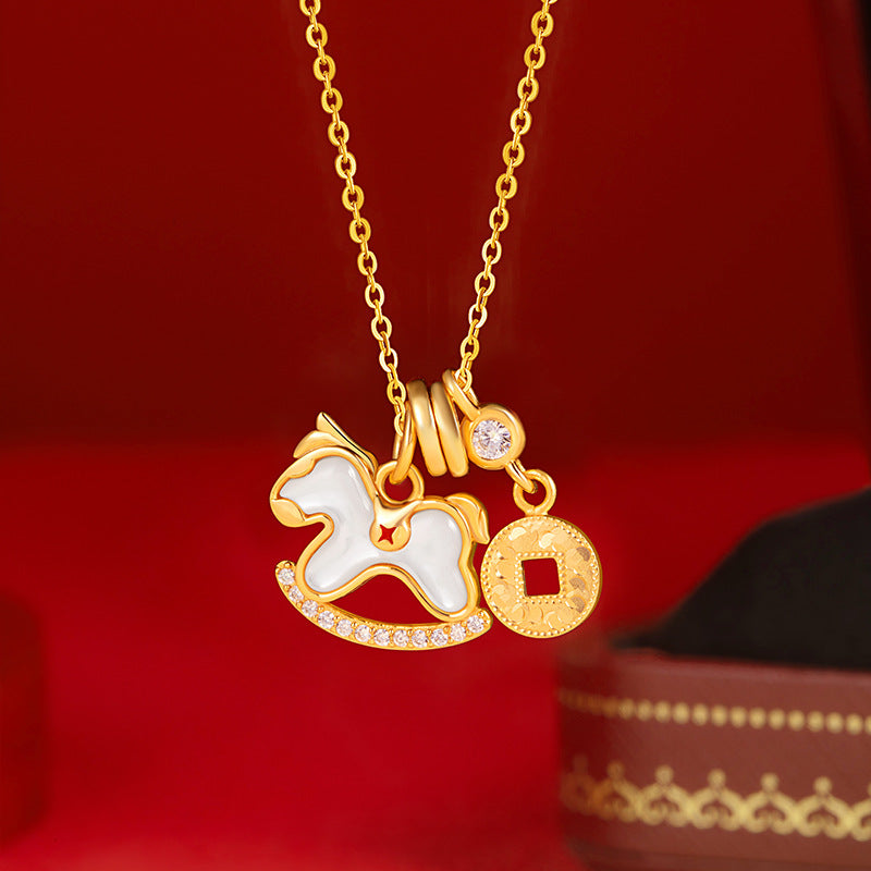 Immediately Rich S925 Sterling Silver Necklace Women's High-Grade White Fritillary Birth Year Niche Clavicle Chain Horse Zodiac Pendant