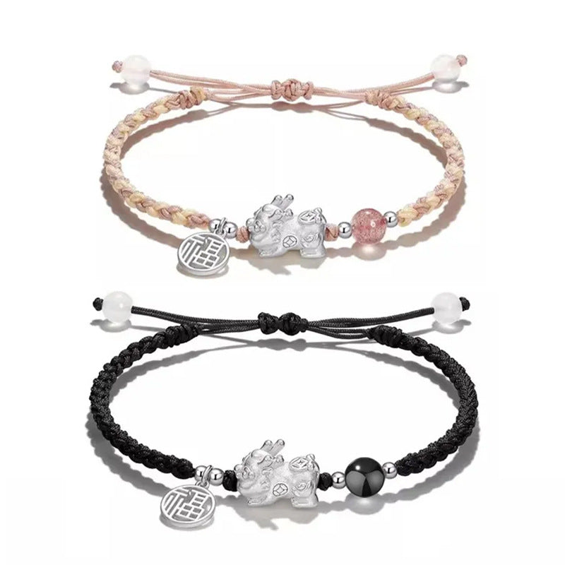 Pure Silver 999 Couple Bracelet New Chinese Style National Fashion Strawberry Crystal Lucky Bracelet Ins Style Lucky Beads Bracelet