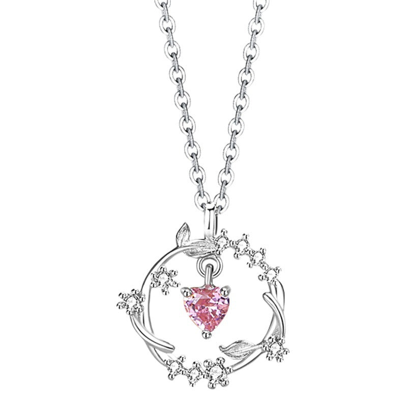 Lovely Sterling Silver 925 Necklace Female Niche Design Light Luxury Pink Zircon Clavicle Chain Get Things Ins Flower Pendant