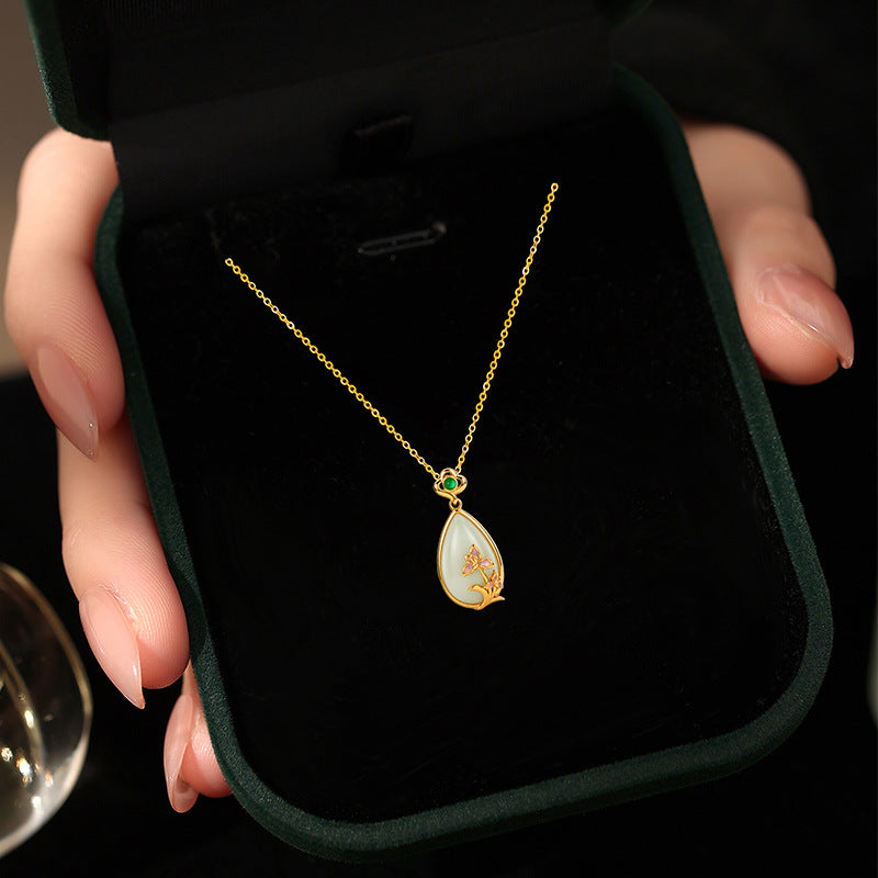 Oriental Charm S925 Sterling Silver Necklace Earrings New Chinese Water Drop Hetian Jade Set Enamel Orchid Gift Accessories