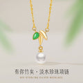 High-Rise Sterling Silver 925 Necklace Women's High-Grade Freshwater Pearl Bamboo Clavicle Chain Ins Chalcedony Bamboo Pendant