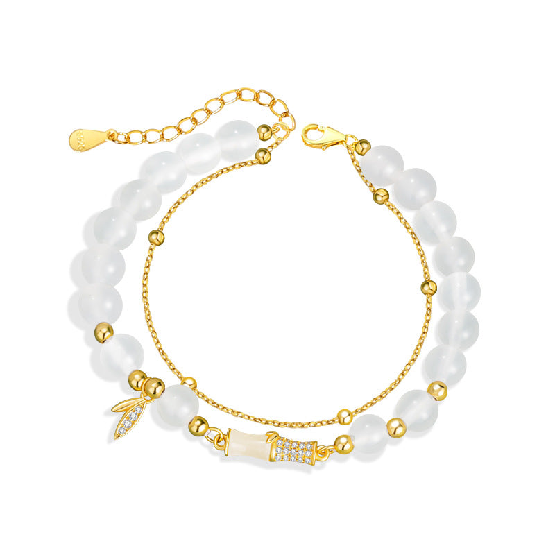 Hetian Jade Sterling Silver 925 Bracelet Women's Court Style High-Grade Bamboo Bracelet New Chinese Style Ins Style Chalcedony Bracelet
