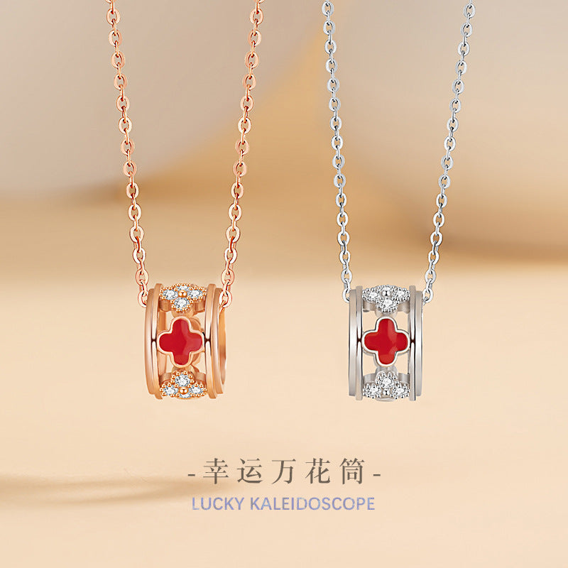 Small Waist Sterling Silver S925 Necklace Women's Light Luxury Small Zircon round Clavicle Chain Lucky Clover Pendant