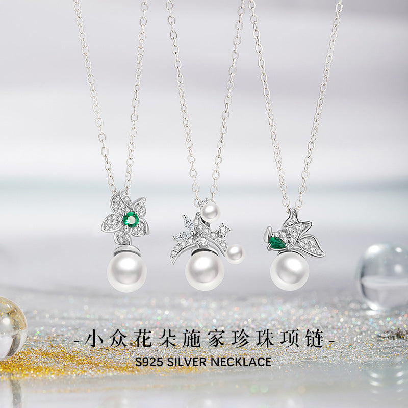 Flowers like Brocade Sterling Silver 925 Necklace Light Luxury High-Grade Shijia Pearl Clavicle Chain Ins Style Flower Zircon Pendant