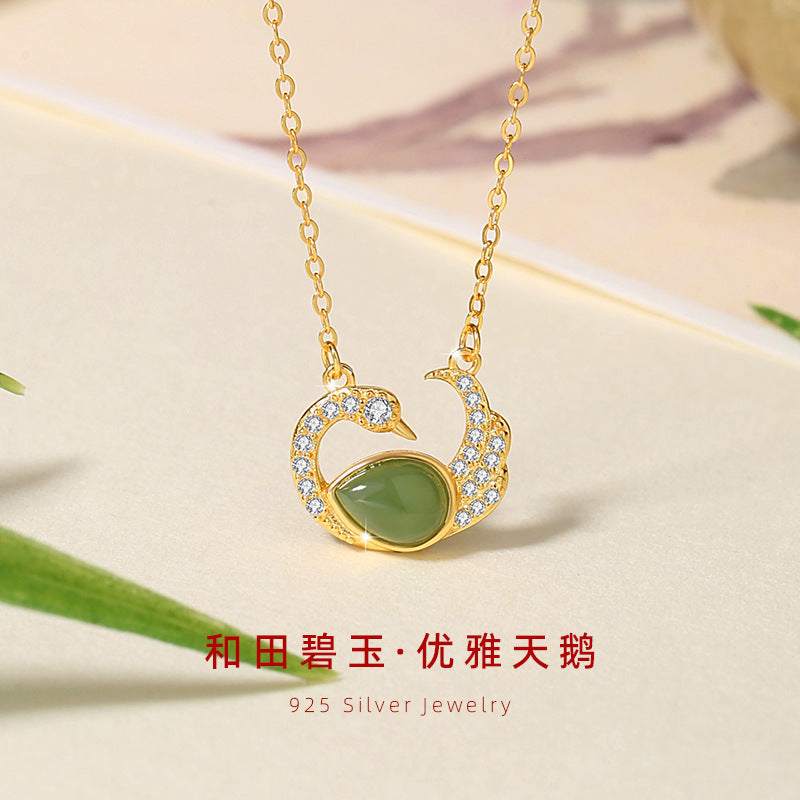 Original Swan Sterling Silver 925 Hetian Jasper Necklace Women's New Chinese Style Light Luxury Zircon Clavicle Chain Water Drop Pendant