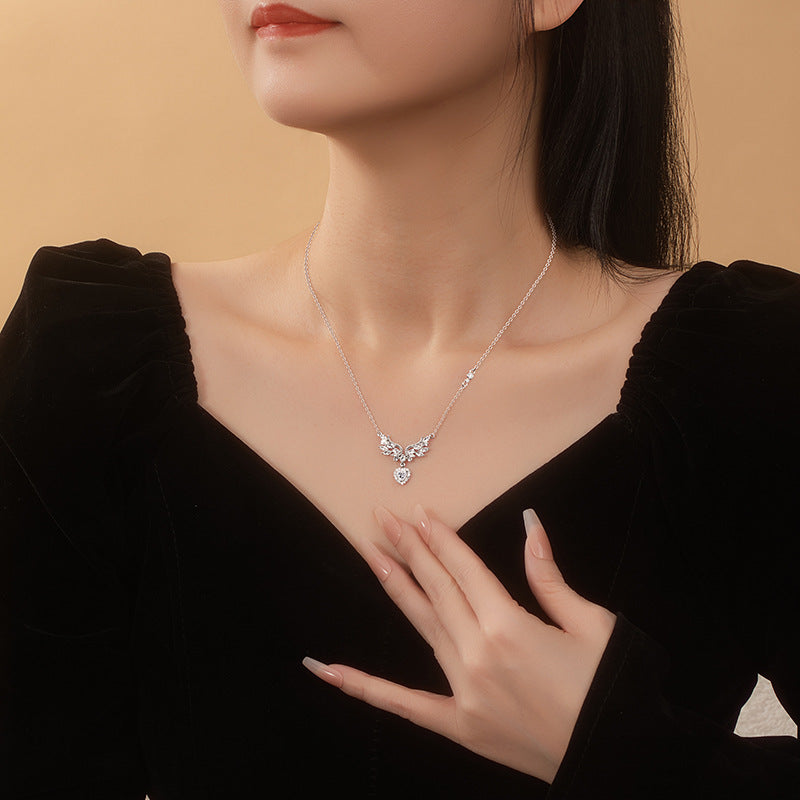 S925 Silver Necklace Women's Light Luxury Niche Angel Wings Love UV Color-Changing Stone Clavicle Chain Ins Style Jewelry