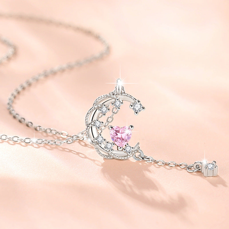 Moon Sterling Silver 925 Necklace Female Niche Design Light Luxury Tassel Clavicle Chain Get Things Ins Style Love Pendant