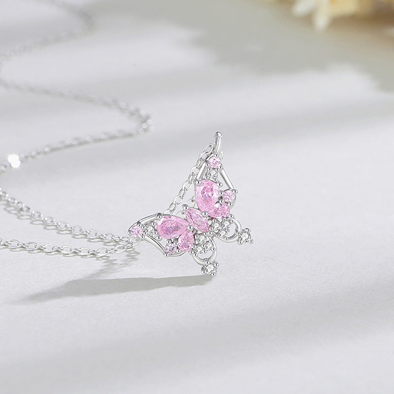 Collana in argento sterling 925 – farfalla e zirconi rosa