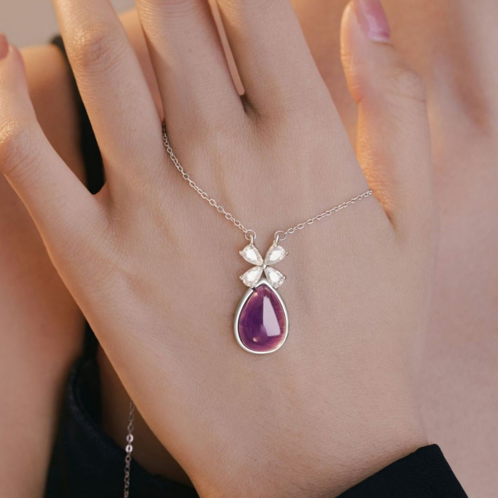 Lucky Clover Sterling Silver 925 Necklace Women's Light Luxury High-Grade Natural Amethyst Clavicle Chain Ins Flower Pendant