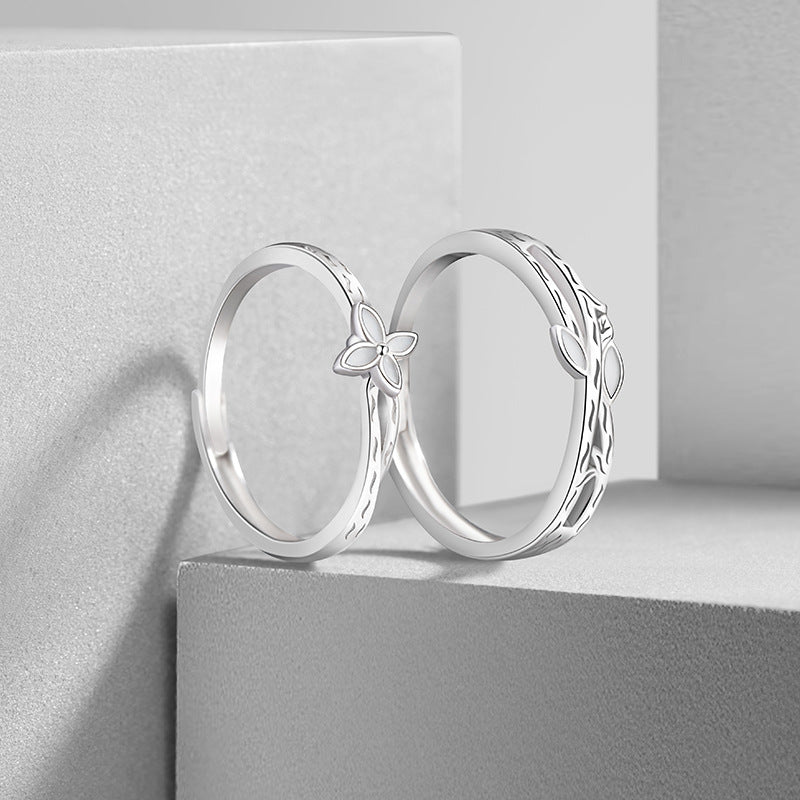 Lianlizhi Sterling Silver 925 Couple Ring Men's and Women's Simple Niche Four-Leaf Clover Ring Ins Style Luminous Ring
