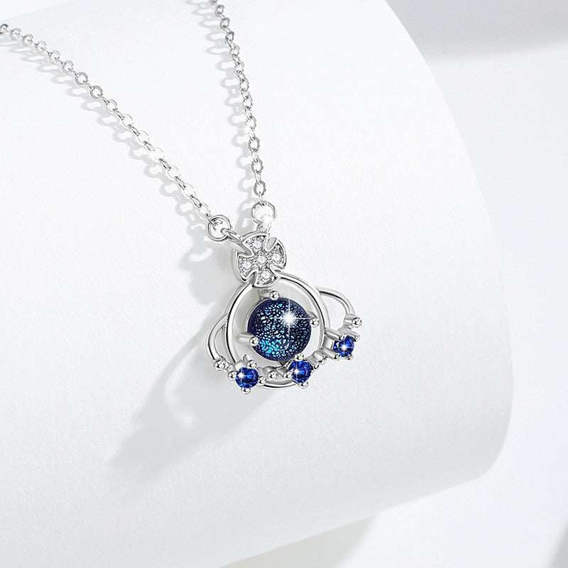 Planet Sterling Silver 925 Necklace Women's Fashion All-Match Glass Stone Clavicle Chain Goods Ins Style Saturn Zircon Pendant