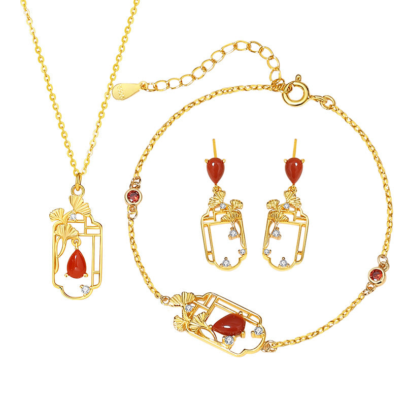 Sansheng Lucky Sterling Silver 925 Necklace New Chinese Style Chaonan Red Agate Water Drop Clavicle Chain Ins Ginkgo Leaf Pendant