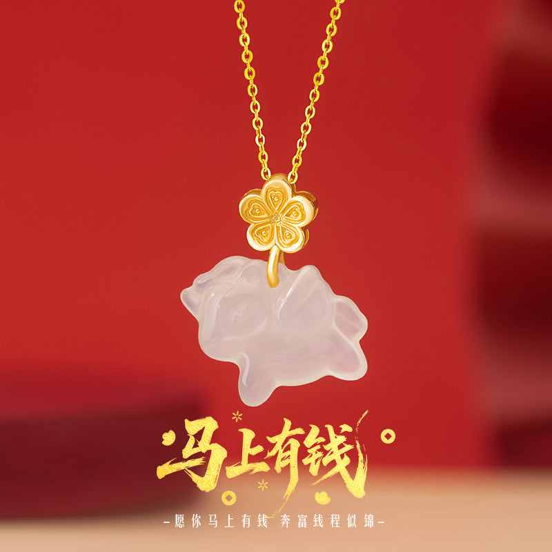 Immediately Rich Flower Sterling Silver 925 Necklace Female National Tide White Agate Birth Year Clavicle Chain Zodiac Horse Flower Pendant