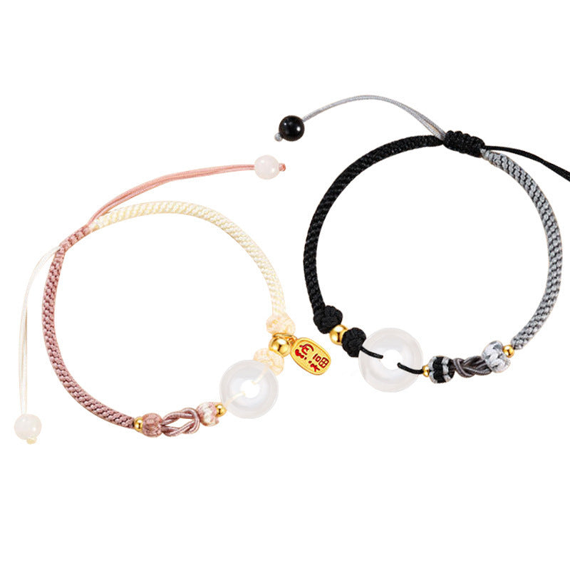 Safety Buckle Sterling Silver 925 Couple Bracelet Men's and Women's New Chinese National Fashion Chalcedony Bracelet Ins Style Lucky Bracelet