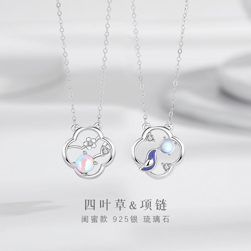 Lucky Clover Sterling Silver 925 Necklace Female Niche Design Light Luxury Flower Bud Clavicle Chain Ins Glass Stone Pendant