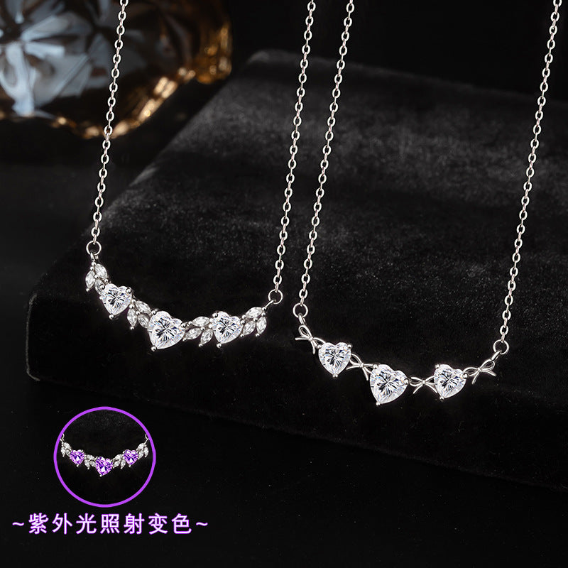 Popular S925 Sterling Silver Necklace for Women Niche Design Lovely Color-Changing Zircon Clavicle Chain Light Luxury Valentine's Day Gift for Women