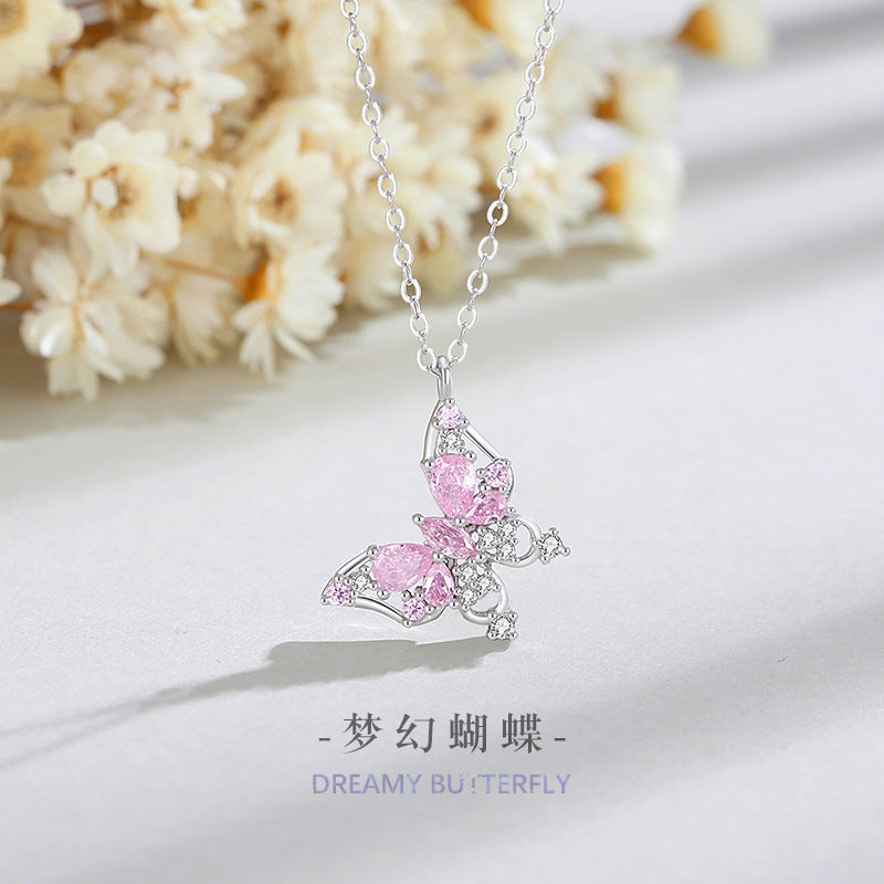 Collana in argento sterling 925 – farfalla e zirconi rosa