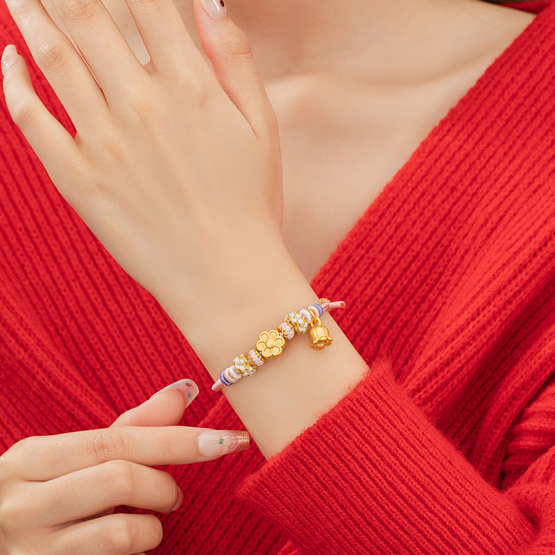 Peach Blossom Pure Silver 999 Bracelet Female New Chinese National Fashion Orchid Woven Bracelet Ins Style Peach Blossom Bracelet