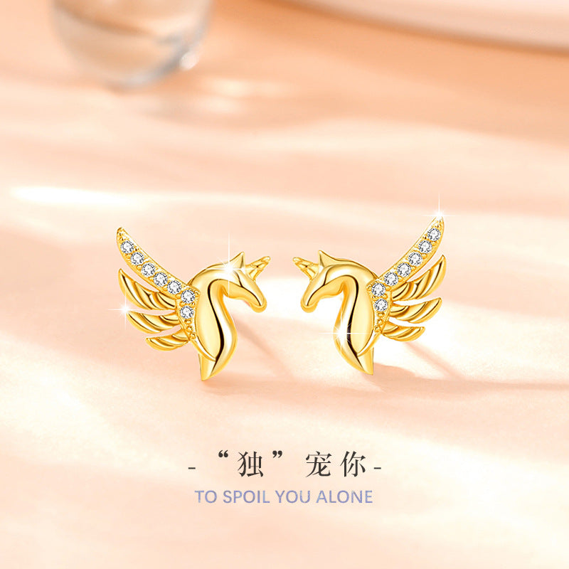 Unicorn Sterling Silver 925 Stud Earrings Female Niche Design Light Luxury Zircon Earrings Get Things Ins Style Tianma Pendant