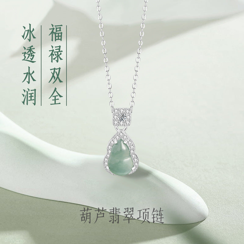 Fu Lu Double Full Sterling Silver 925 Necklace New Chinese National Fashion Dangerous Material Blue Water Jade Clavicle Chain Ins Style Gourd Pendant