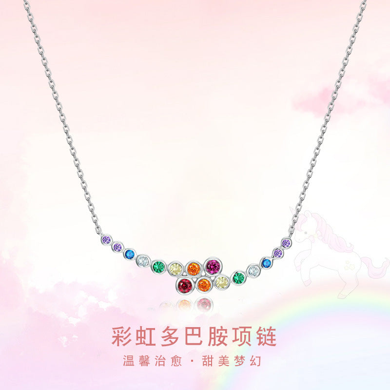 Rainbow Dopamine Sterling Silver 925 Necklace Female Sweet Cute Style Zircon Clavicle Chain Ins Little Red Book Same Pendant