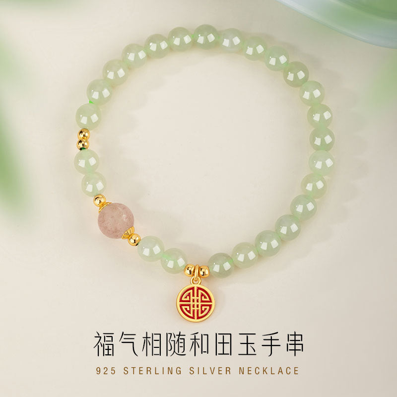 Fu Brand Sterling Silver 925 Hetian Jade Bracelet Female New Chinese National Fashion Strawberry Crystal Bracelet Ins Style Lucky Beads Bracelet
