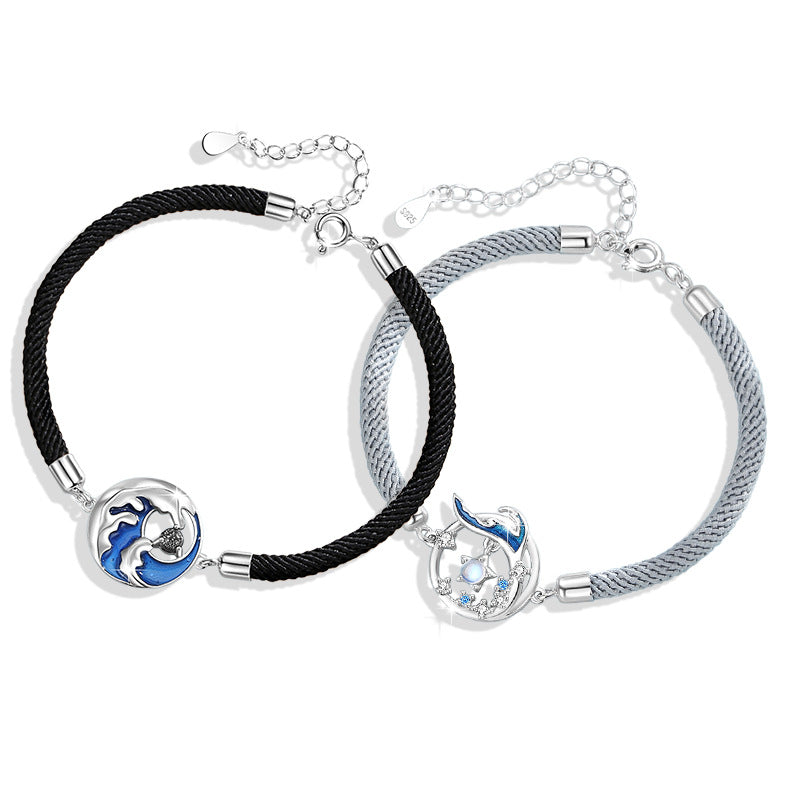 Fishtail Sterling Silver 925 Couple Bracelet Men and Women Niche Design Light Luxury Glass Stone Bracelet Ins Style Star Bracelet
