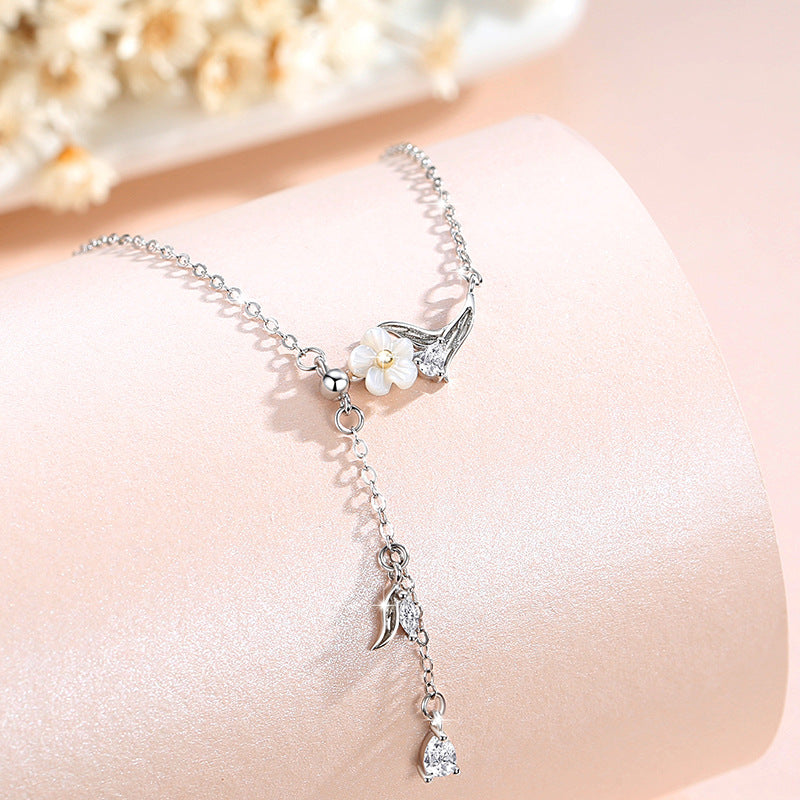 Cherry Blossom Sterling Silver 925 Necklace Women's Fashion Versatile Butterfly Zircon Clavicle Chain Ins Style Flower Tassel Necklace