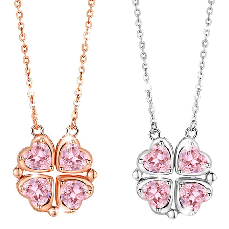 Heart-Shaped Magnetic Sterling Silver 925 Necklace for Women, Two-Strap Zircon Clavicle Chain, INS Lucky Clover Pendant