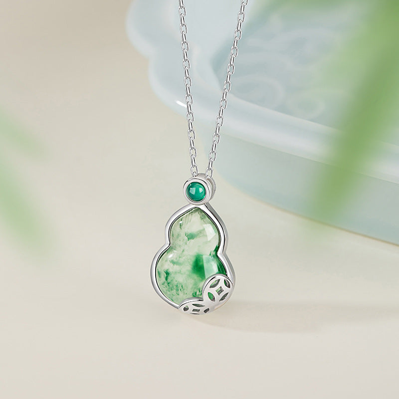 Fu Lu Double Full Sterling Silver 925 Necklace Women's National Fashion Natural African Emerald Copper Coin Clavicle Chain Ins Chalcedony Gourd Pendant