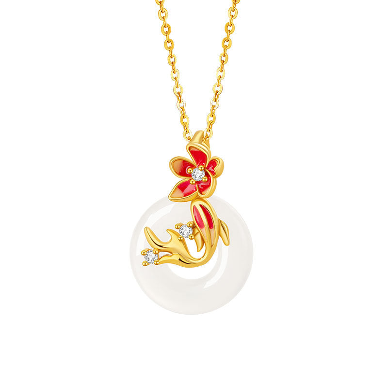 Lucky Koi Fish Sterling Silver Necklace Women's New Chinese Style National Fashion Chalcedony Flower Clavicle Chain Ins Style Safety Buckle Pendant