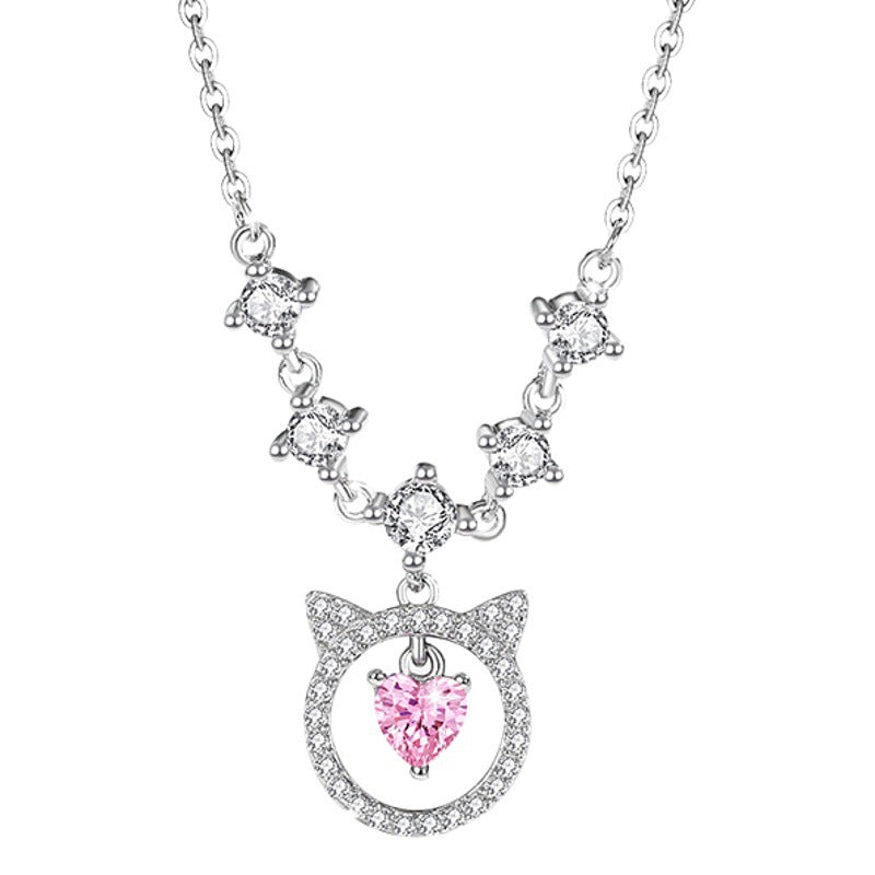 Cat Sterling Silver 925 Necklace Female Niche Design Light Luxury Pink Diamond Zircon Clavicle Chain Ins Style Love Pendant