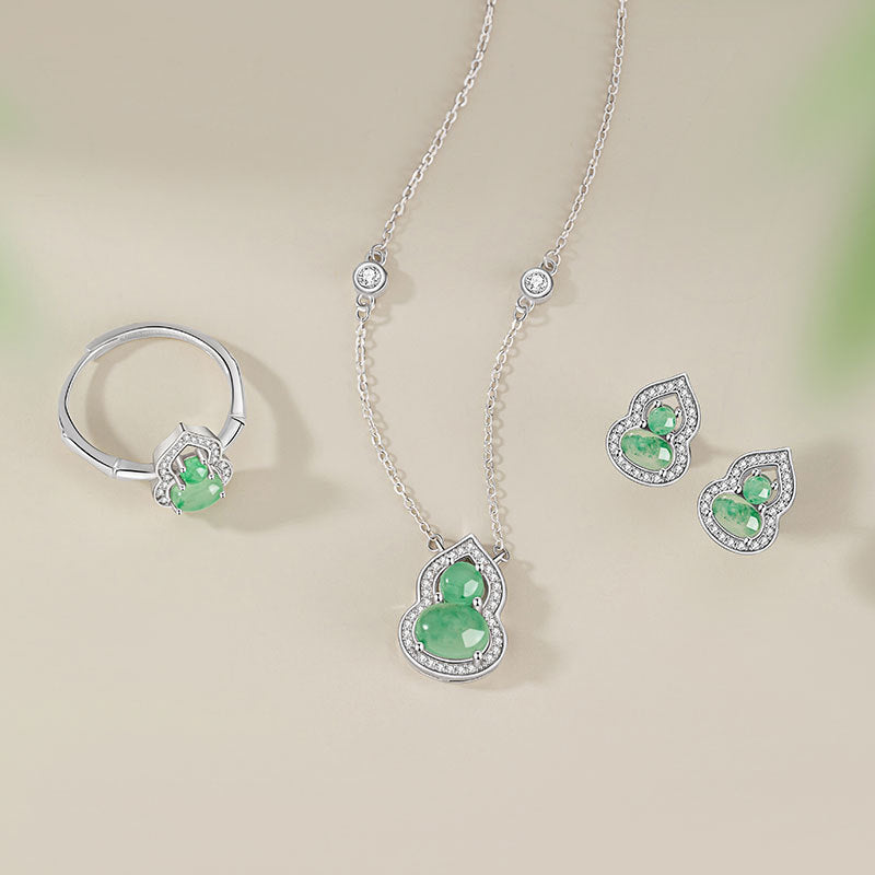 Fu Lu Double Full Sterling Silver 925 Necklace Women's New Chinese National Fashion Natural African Emerald Clavicle Chain Ins Style Gourd Pendant