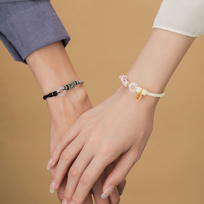 Safety Buckle Sterling Silver 925 Couple Bracelet Men's and Women's New Chinese National Fashion Chalcedony Bracelet Ins Style Lucky Bracelet