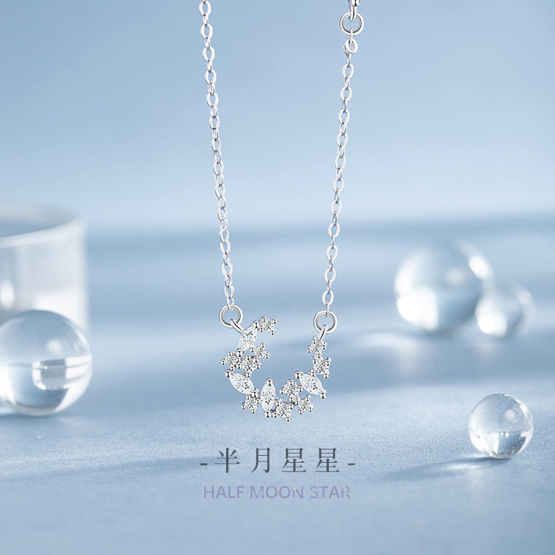 Moon Sterling Silver 925 Necklace Female Niche Design Light Luxury Romantic Star River Clavicle Chain Ins Style Star Pendant