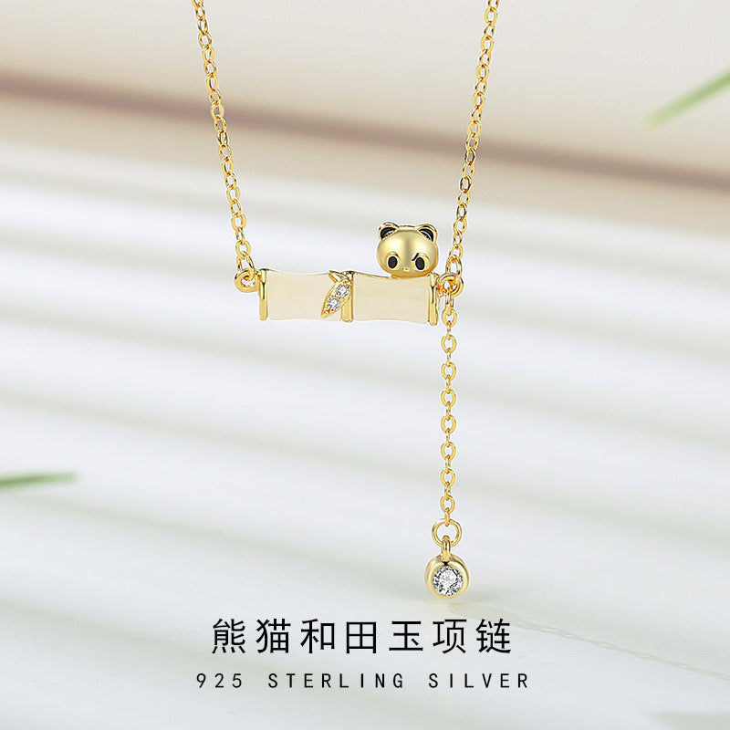 Panda Sterling Silver 925 Hetian Jade Necklace Women's New Chinese Style National Fashion Bamboo Clavicle Chain Ins Style High-Rise Pendant