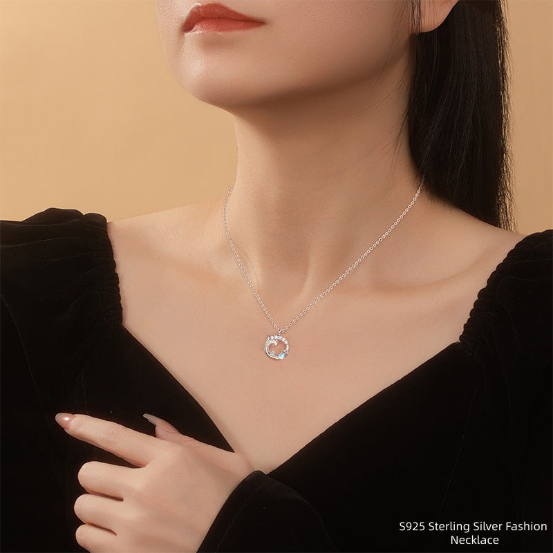 Luminous Enamel S925 Sterling Silver Necklace Mermaid Garland Moonstone Pendant Niche Girlfriends Clavicle Chain Gift for Women