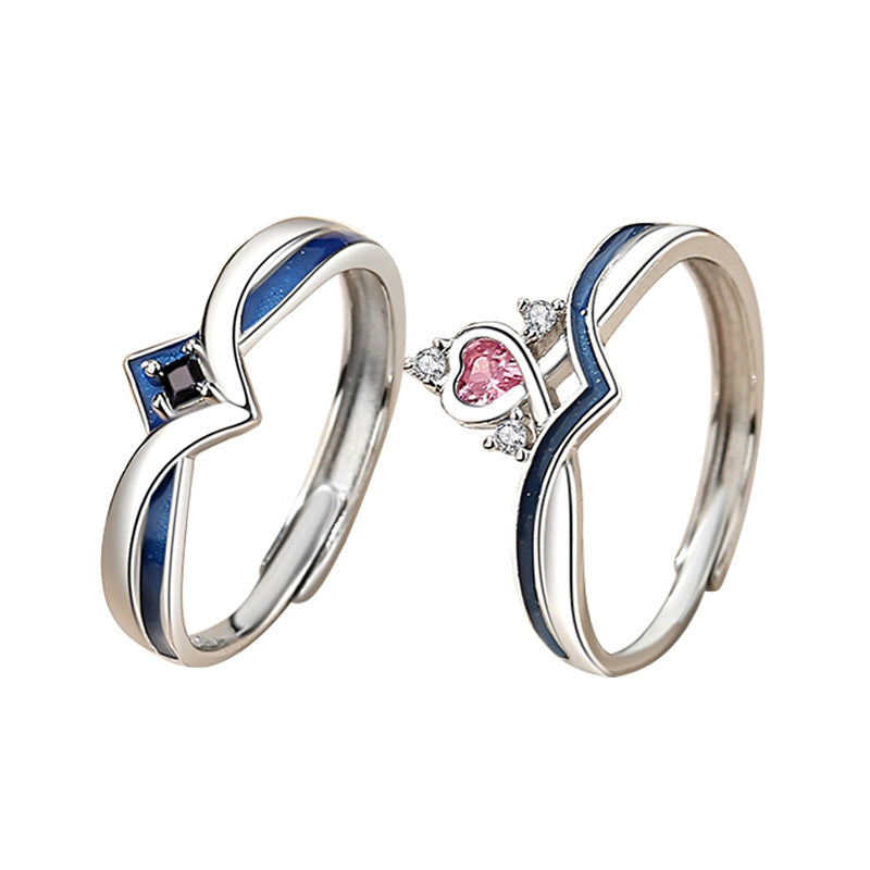 Princess and Knight Sterling Silver 925 Couple Ring Light Luxury High-Grade Love Ring Ins Style Crown Zircon Ring