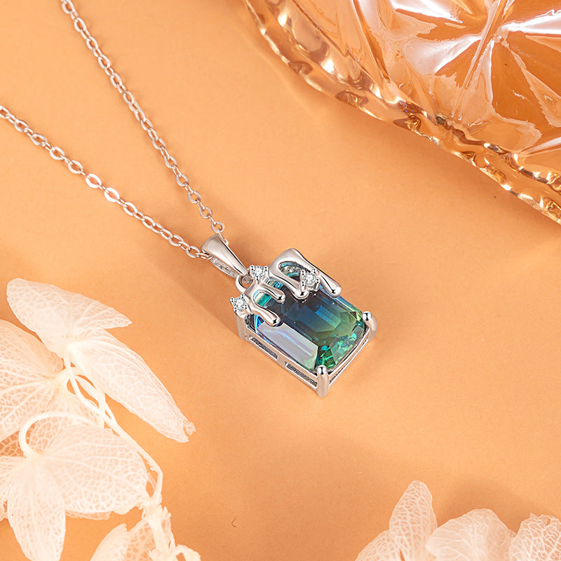 Tourmaline Streamer Necklace S925 Sterling Silver Inlaid Synthetic Tourmaline Pendant Niche Lucky Luck Clavicle Chain Light Luxury Gift