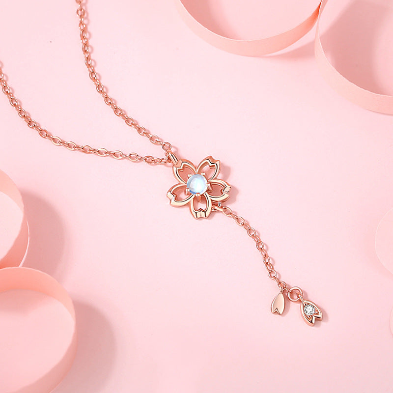 Cherry Blossom Sterling Silver 925 Necklace Women's Fashion Versatile Ins Style Glazed Stone Clavicle Chain Valentine's Day Flower Pendant