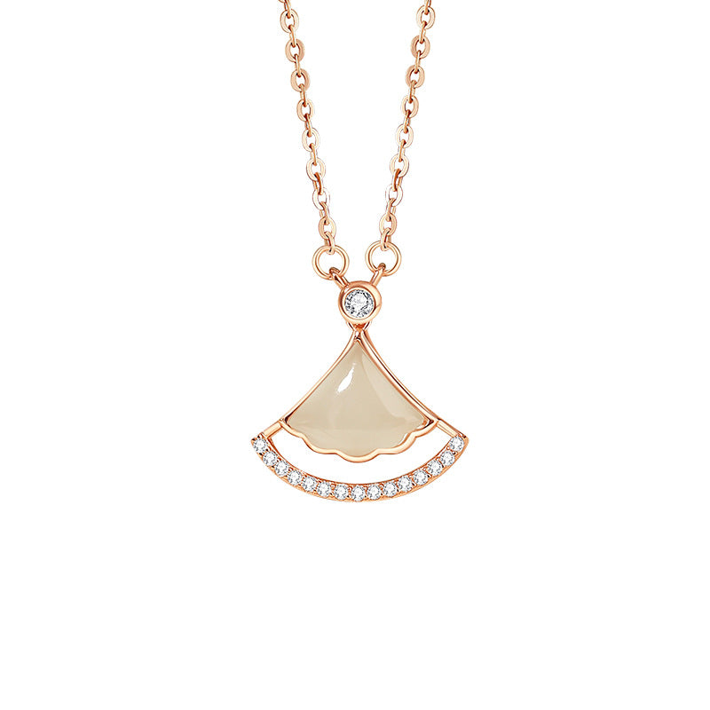 Small Skirt Sterling Silver 925 Hetian Jade Necklace New Chinese National Fashion Zircon Clavicle Chain Ins Light Luxury Fan-Shaped Pendant