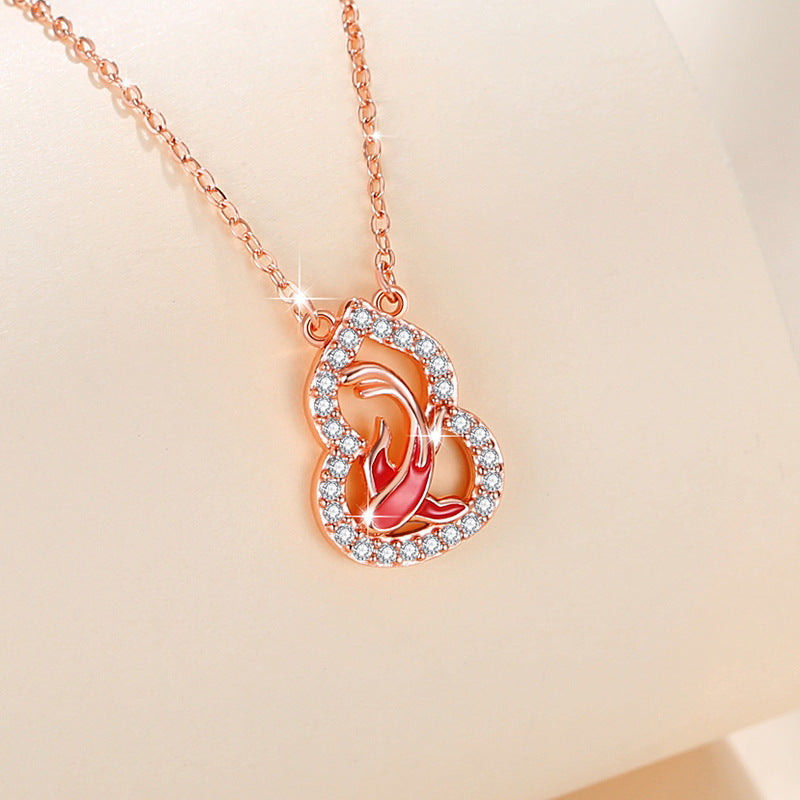 Fu Lu Double Full Sterling Silver 925 Necklace Women's National Fashion Court Style Gourd Zircon Clavicle Chain Lucky Koi Fish Pendant