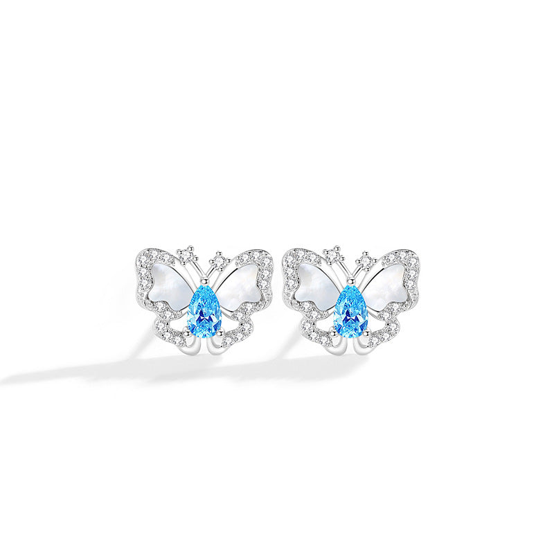 Original Butterfly Sterling Silver 925 Stud Earrings Female Niche Design Light Luxury Navy Blue Zircon Earrings Ins White Fritillary Earrings