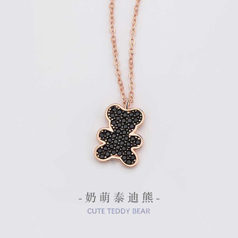 Cute Teddy Bear Sterling Silver 925 Necklace Women's Light Luxury High-Grade Full Diamond Zircon Clavicle Chain Ins Style Love Pendant