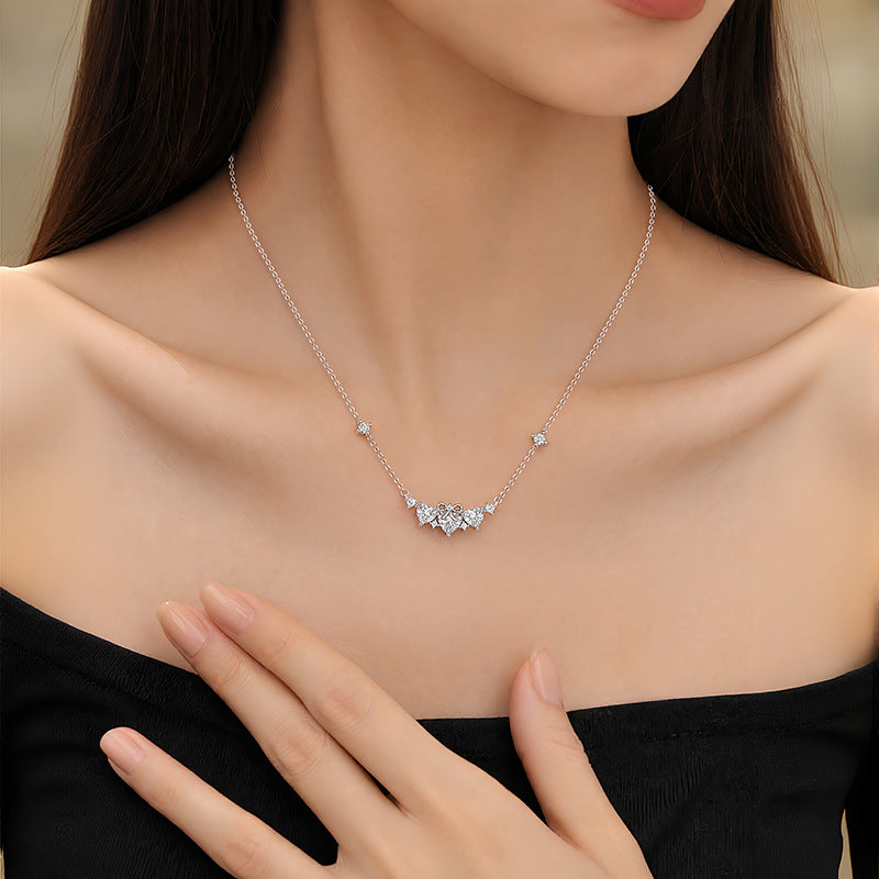 S925 Sterling Silver Bow Love Necklace Women's Heart-Shaped Zircon Clavicle Chain Light Luxury III Love Valentine's Day Gift
