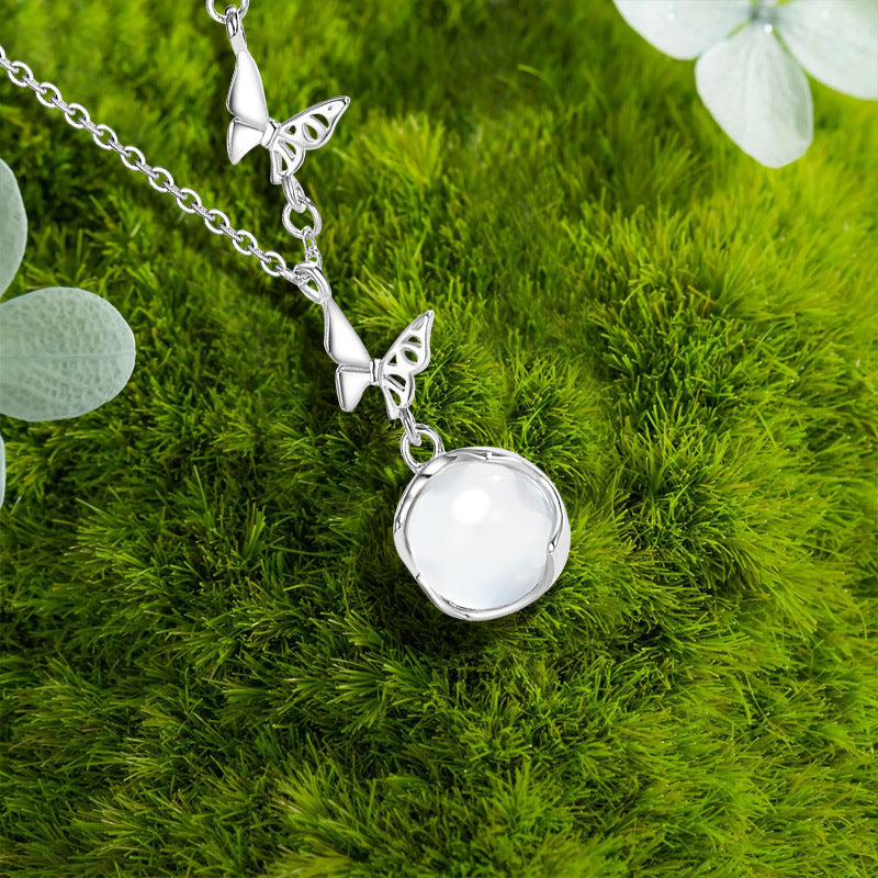 Original Butterfly Pure Silver 999 Necklace Female Niche Design Light Luxury Chalcedony Clavicle Chain Ins Style Flower Pendant
